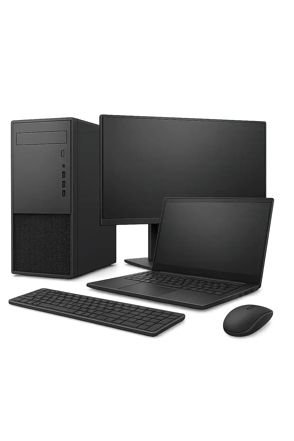 Business IT equipment including desktop computer, laptop, monitor, keyboard, and mouse