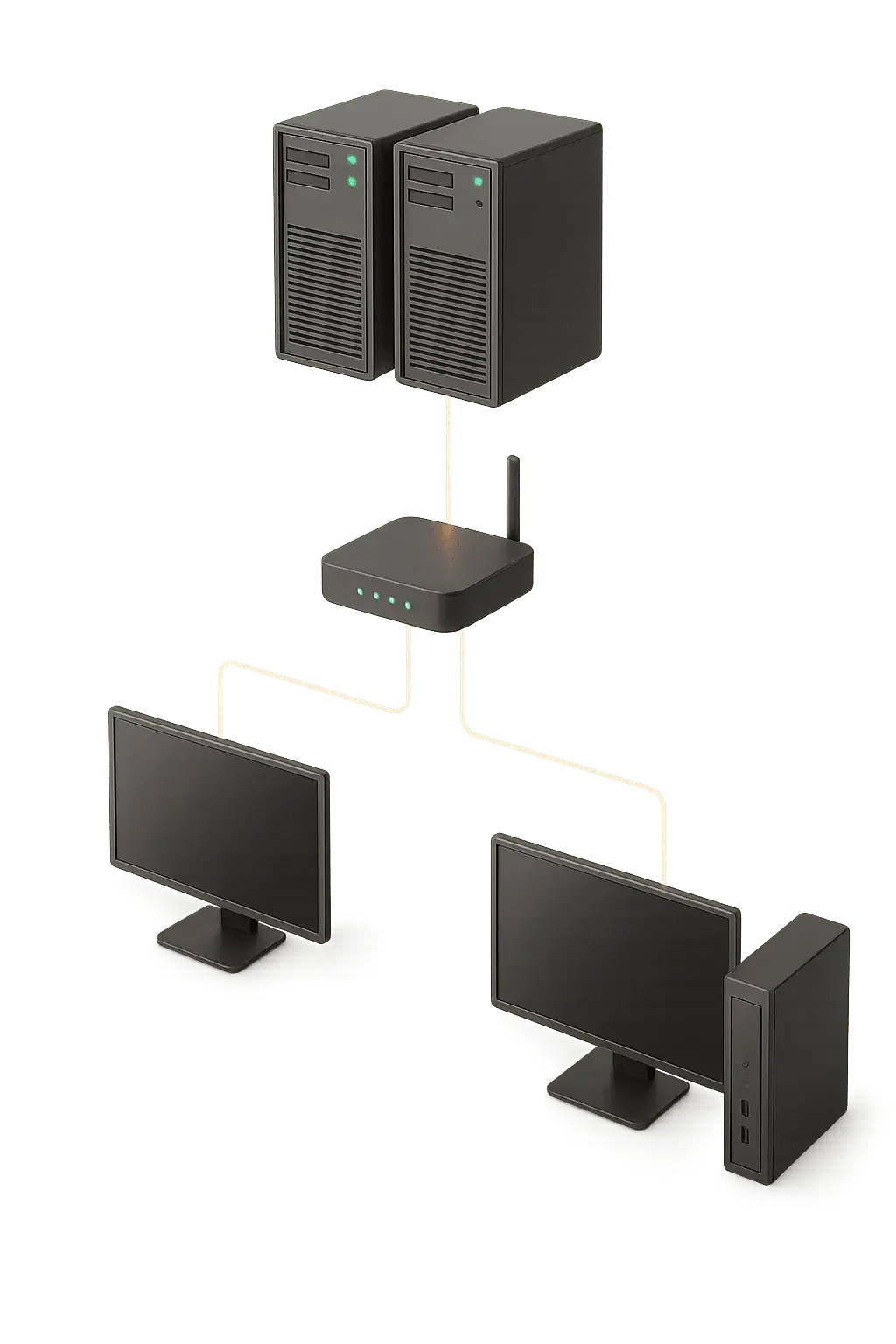 Network infrastructure connecting business servers, devices, and workstations