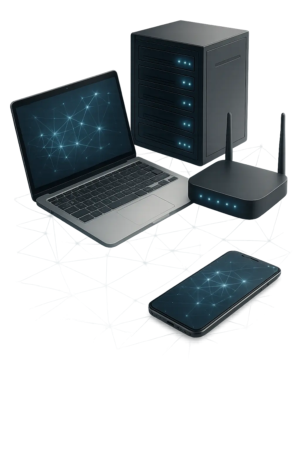 Business IT solutions connecting laptops, servers, routers, and mobile devices