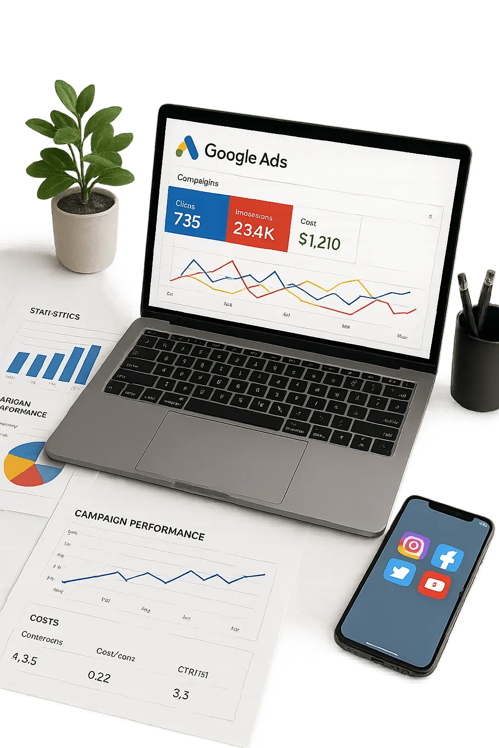 Digital marketing solutions with Google Ads analytics and social media campaign performance