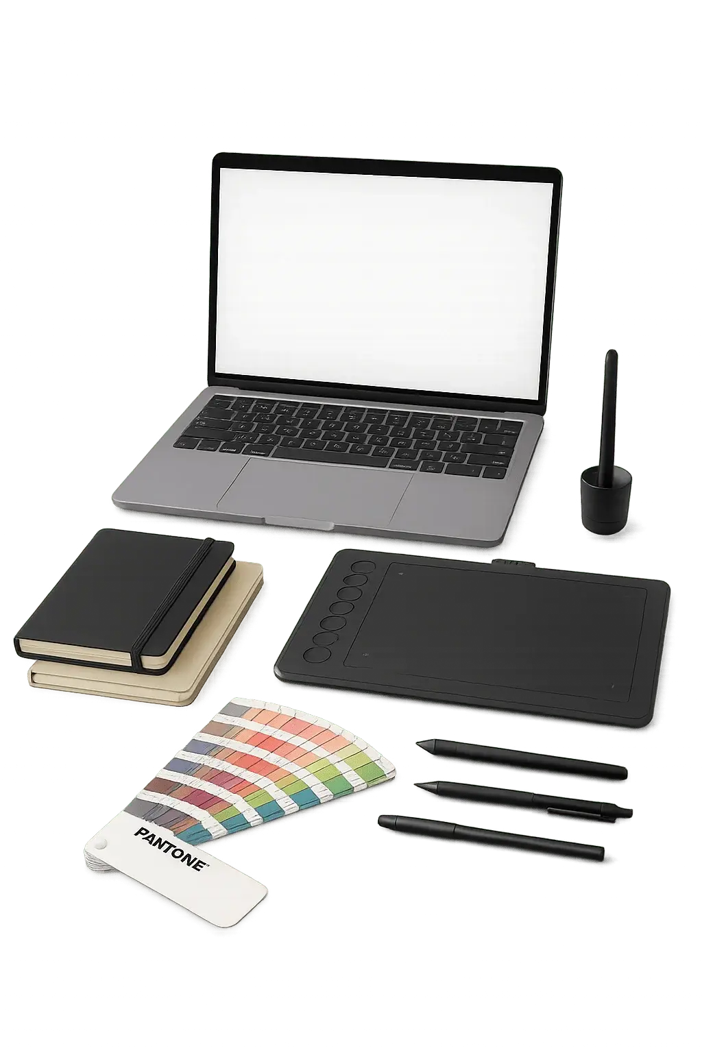 Graphic design services with laptop, drawing tablet, stylus pens, notebooks, and color palette