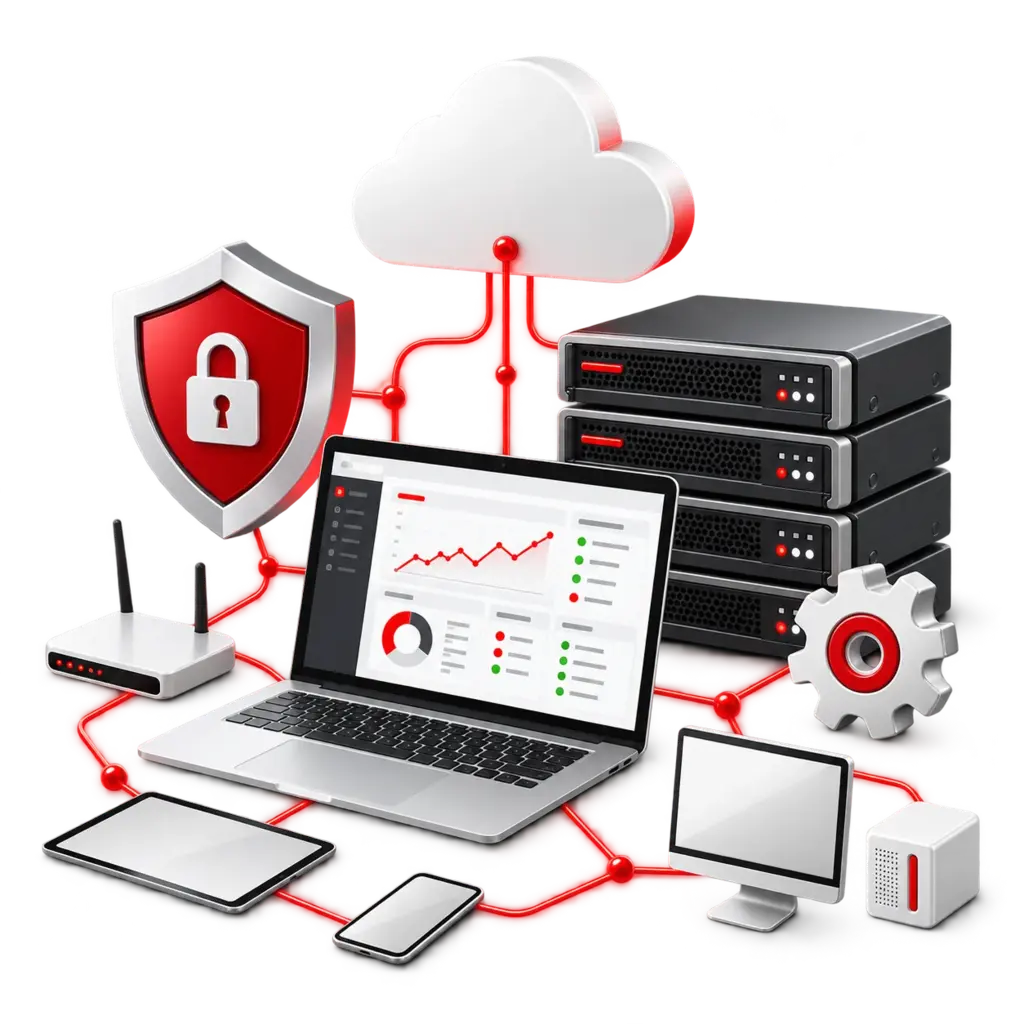 Business IT solutions connecting laptops, servers, routers, and mobile devices
